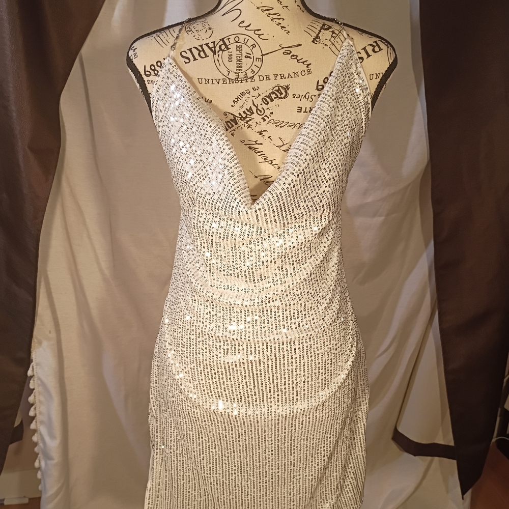 SHEIN Silver Sequin Strapless Cowl Neck Dress